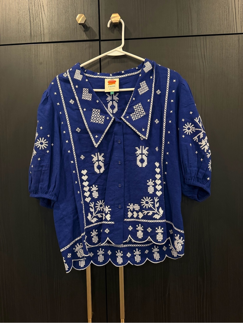 FARM Rio Cobalt Blue Embroidered Button-Up Peasant Blouse